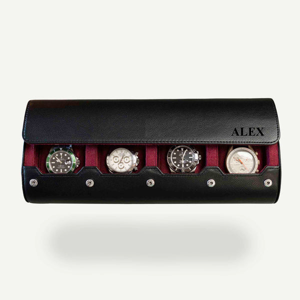 Personalized Travel Watch Roll Extra Large - Black Cherry