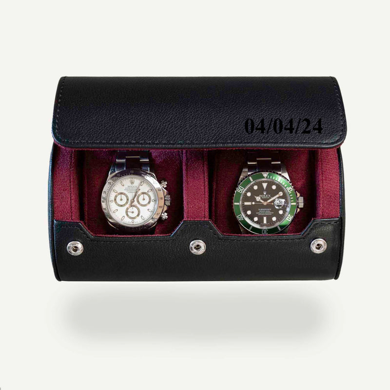 Personalized Two Slot Watch Roll - Black Cherry