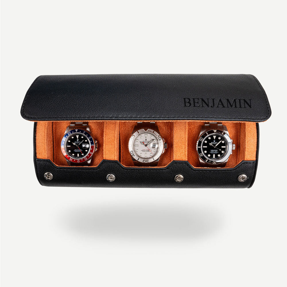 Personalized Watch Roll Black Orange Add name or initials