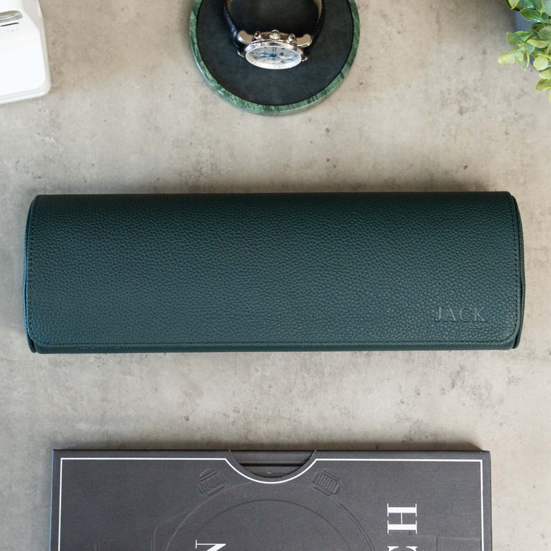 Personalized Travel Watch Roll Extra Large - Dark Green Litchi
