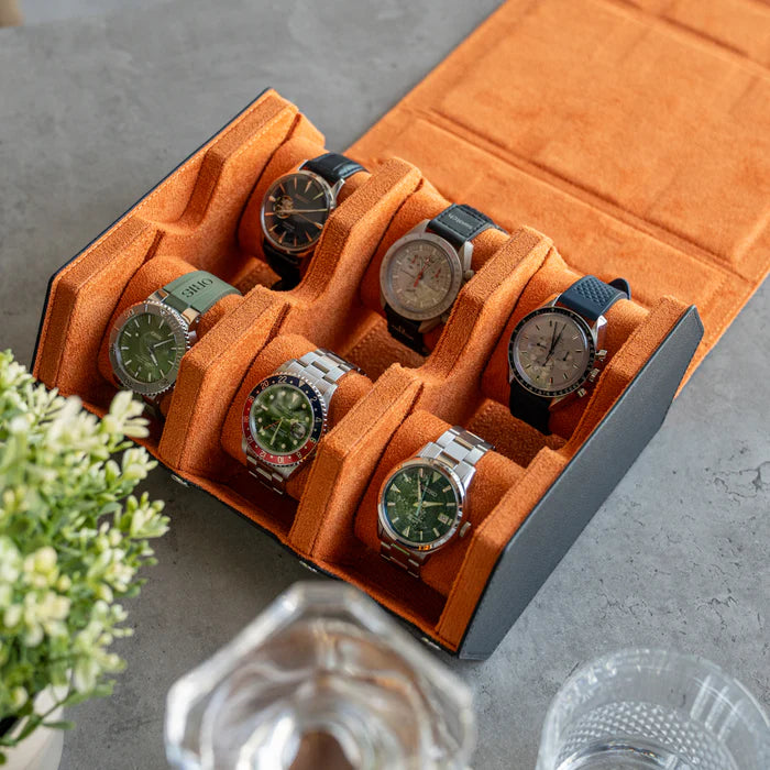 Personalized Hexagon Black Orange 6 Slot Watch Box