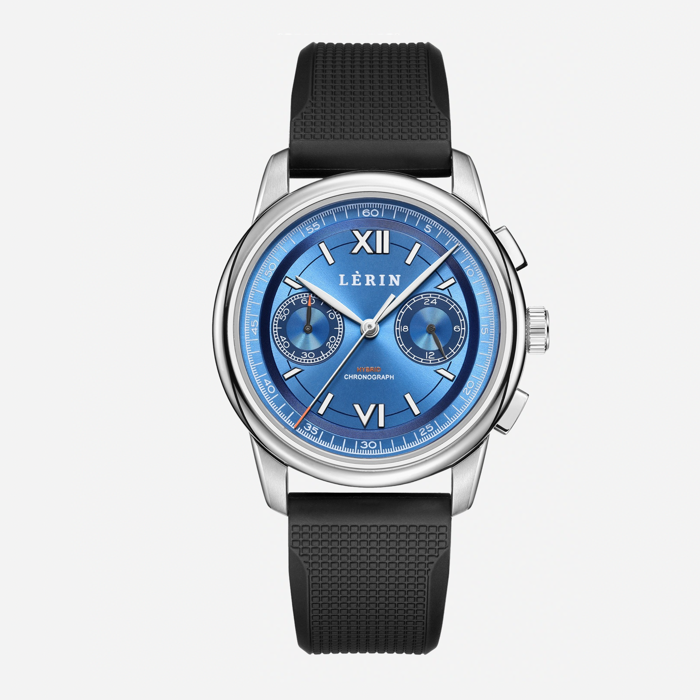 Lerin chronograph watch with a blue dial, silver-tone stainless steel case, and a textured black rubber strap, shown against a light gray background.