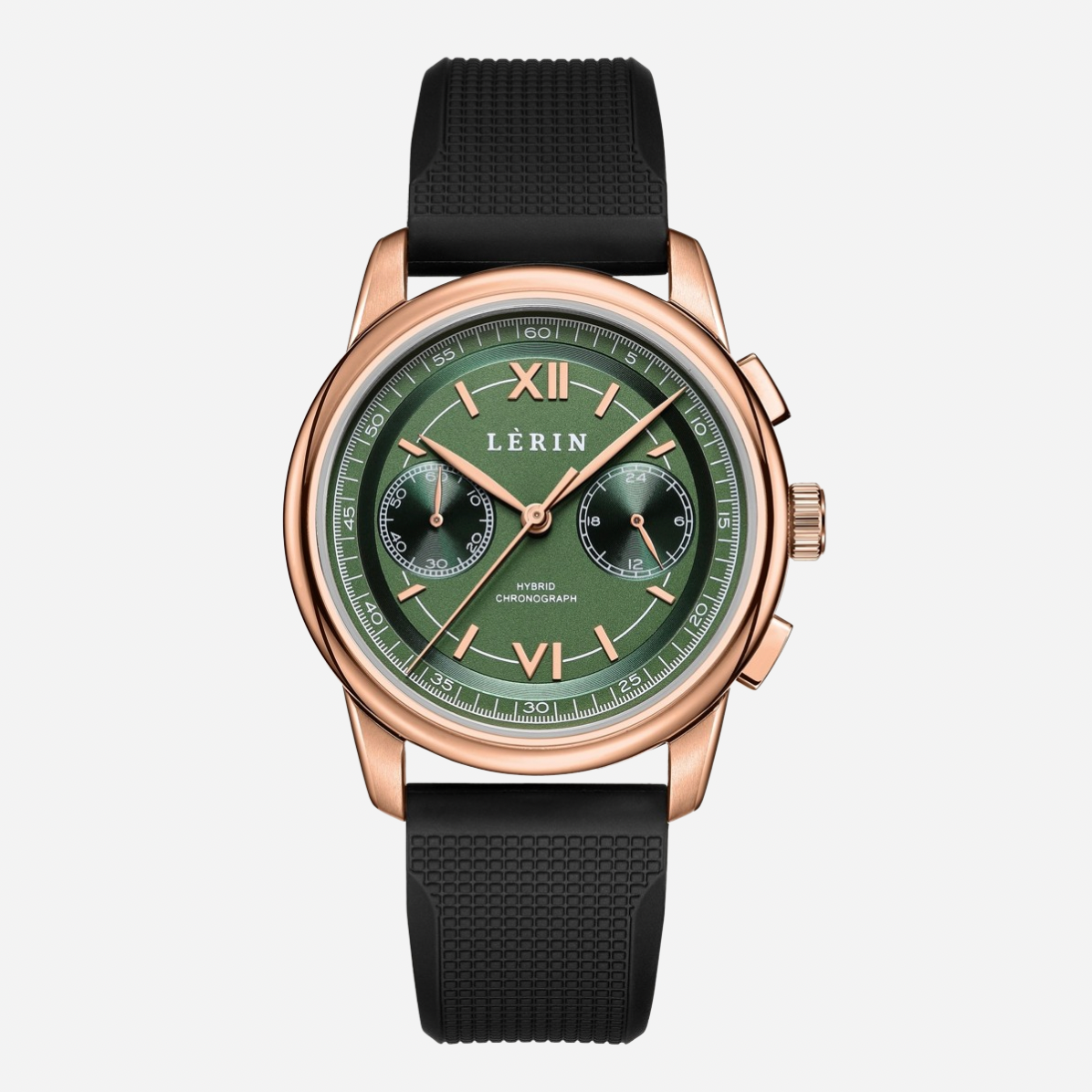 A wristwatch with a rose gold-toned case, a dark green dial featuring three subdials and Roman numeral hour markers, and a textured black strap, shown against a light gray background.