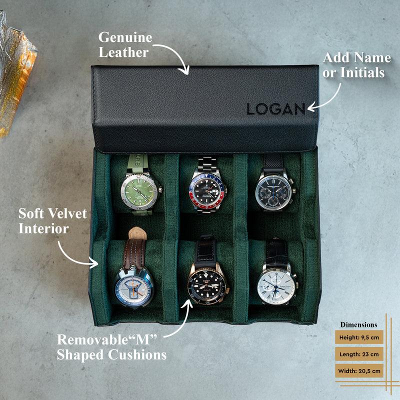 Personalized Hexagon Black Green 6 Slot Watch Box