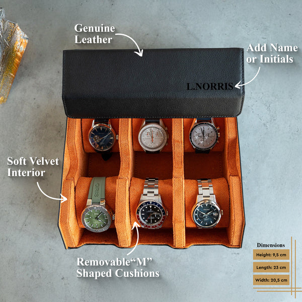Personalized Hexagon Black Orange 6 Slot Watch Box