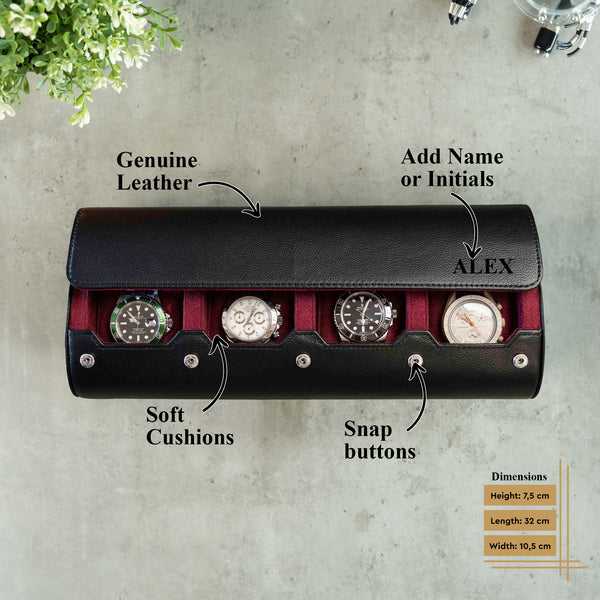Personalized Travel Watch Roll Extra Large - Black Cherry