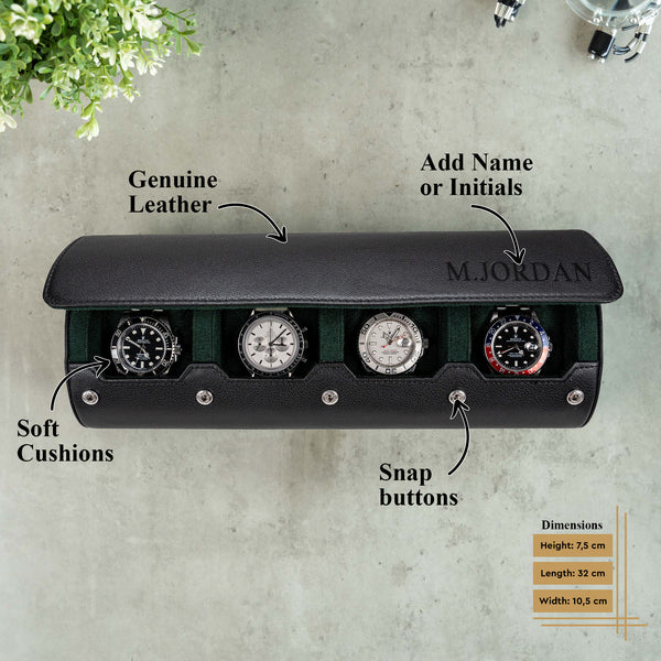 Personalized Travel Watch Roll Extra Large - Black Green
