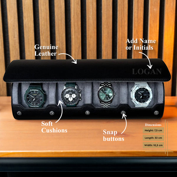 Personalized Travel Watch Roll Extra Large- Black Grey