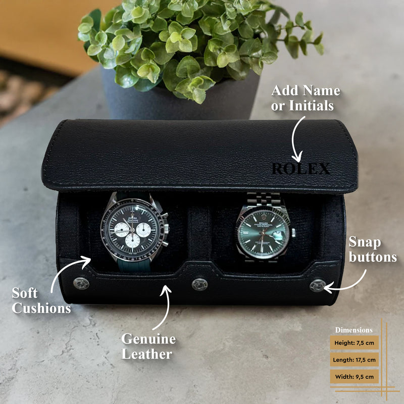Personalized Two Slot Watch Roll - All Black