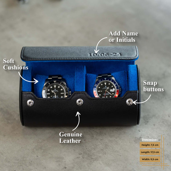 Personalized Two Slot Watch Roll - Black Blue