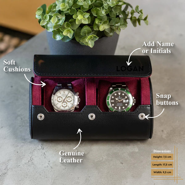 Personalized Two Slot Watch Roll - Black Cherry
