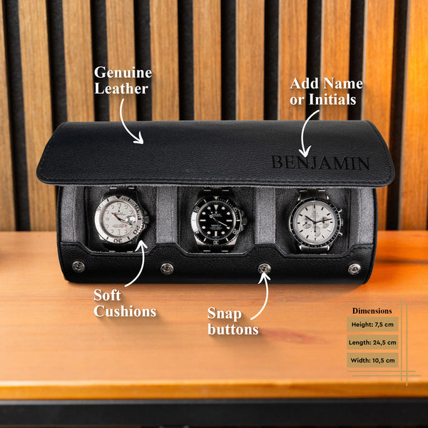 Personalized Watch Roll Black Grey - Add name or initials