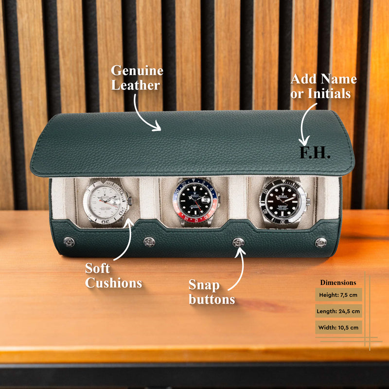 Personalized Watch Roll Large - Dark Green Litchi