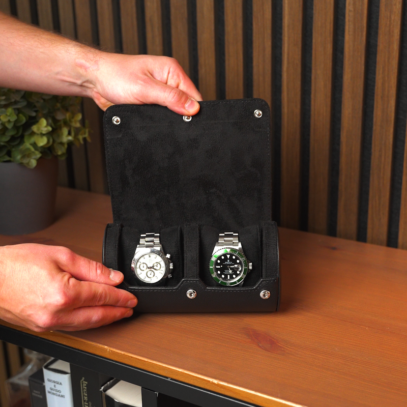 Personalized Two Slot Watch Roll - All Black