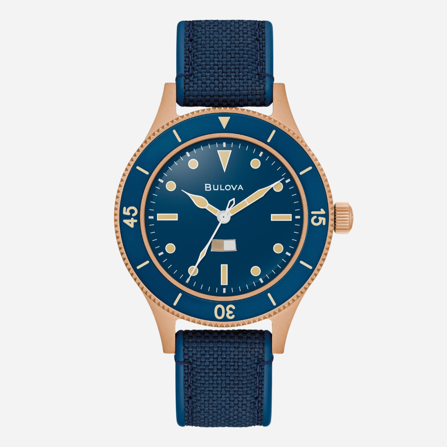Bulova watch with blue strap and face on a white background