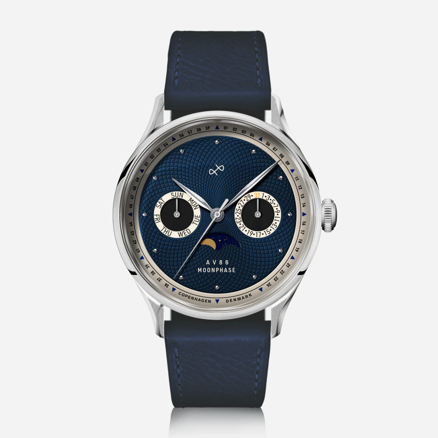 Blue watch with a detailed face on a white background