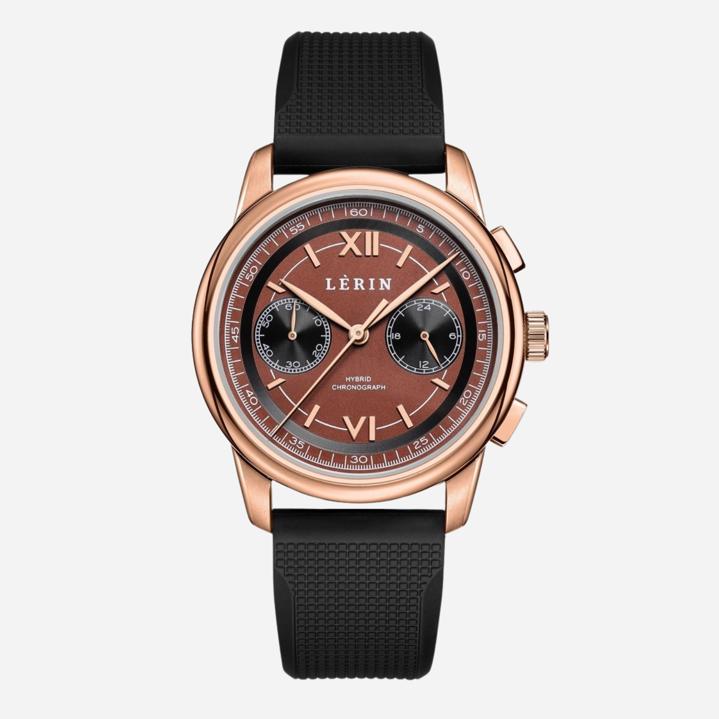 A LERIN chronograph watch with a rose gold case, brown dial, and black textured strap, shown against a light gray background.