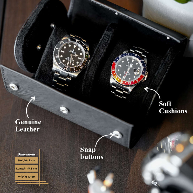 Two Slot Watch Roll - All Black Saffiano