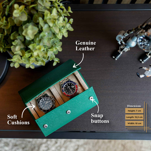 Two Slot Watch Roll - Green Saffiano