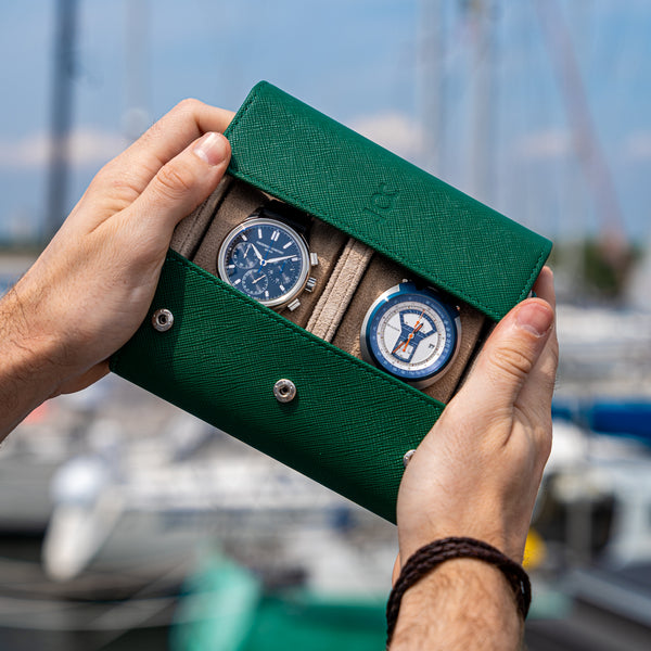 Two Slot Watch Roll - Green Saffiano