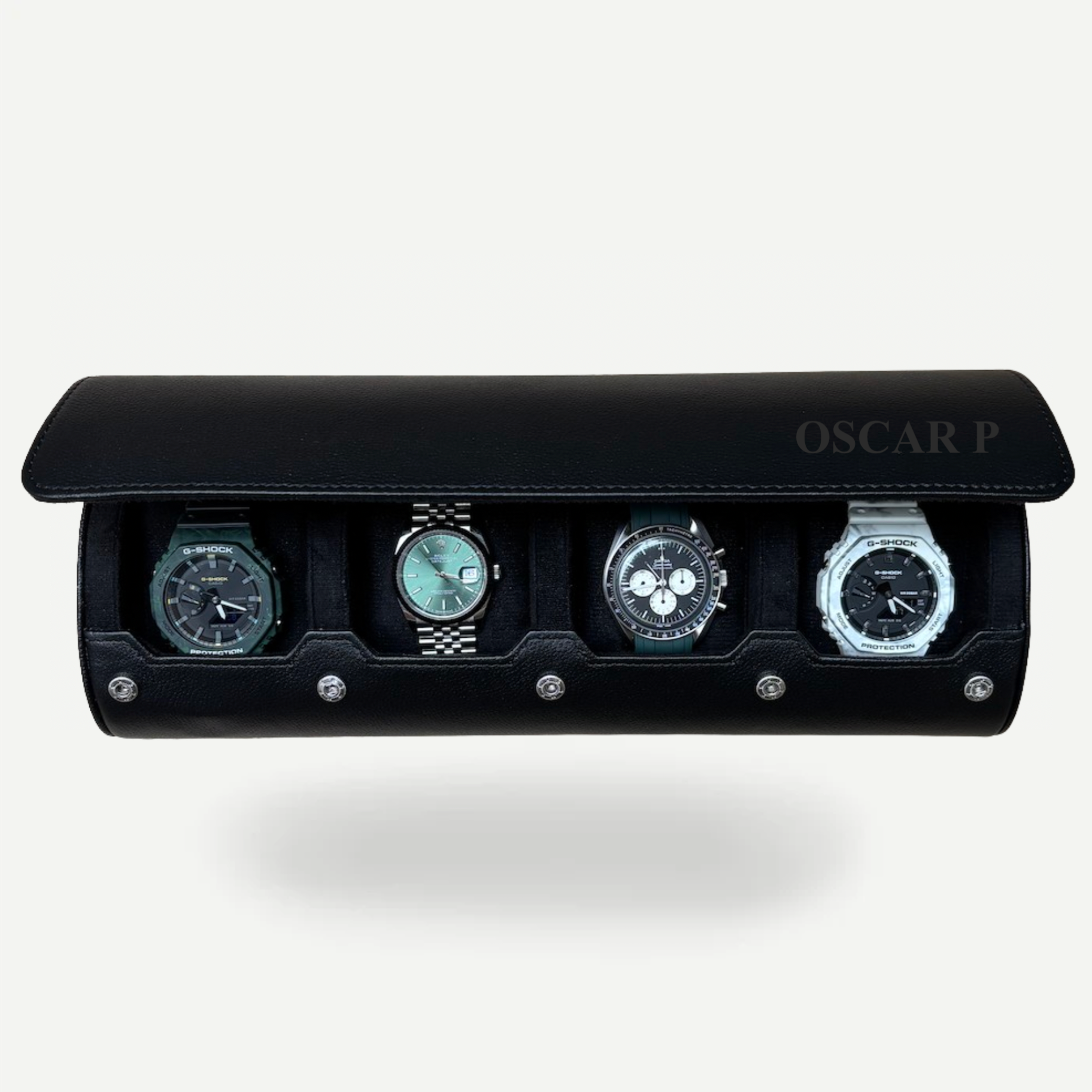 A personalized watch roll in all black