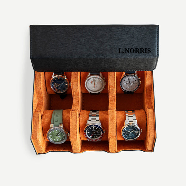 Personalized Hexagon Black Orange 6 Slot Watch Box
