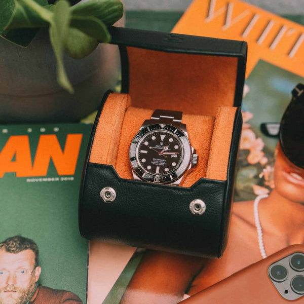 Single Travel Roll - black, black orange, travel roll for one watch, small travel roll, watch storage, how to travel safely with your watch, compact watch roll, watch roll interior