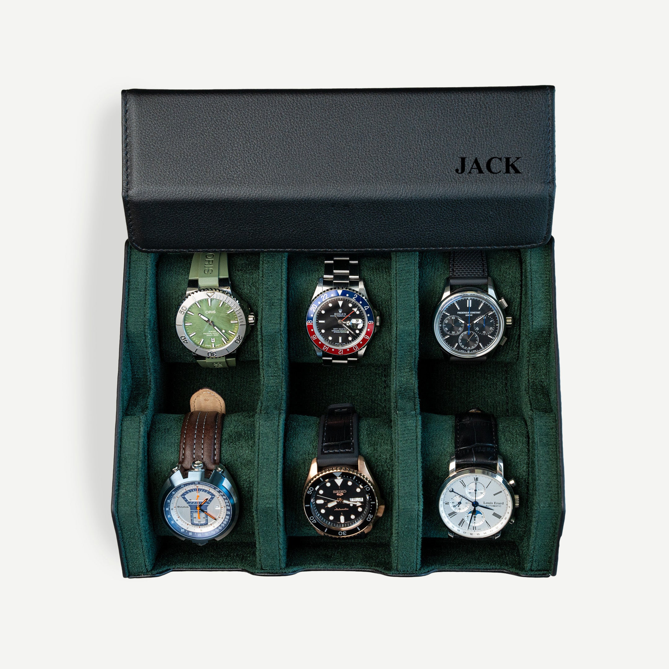 Personalized Hexagon Black Green 6 Slot Watch Box