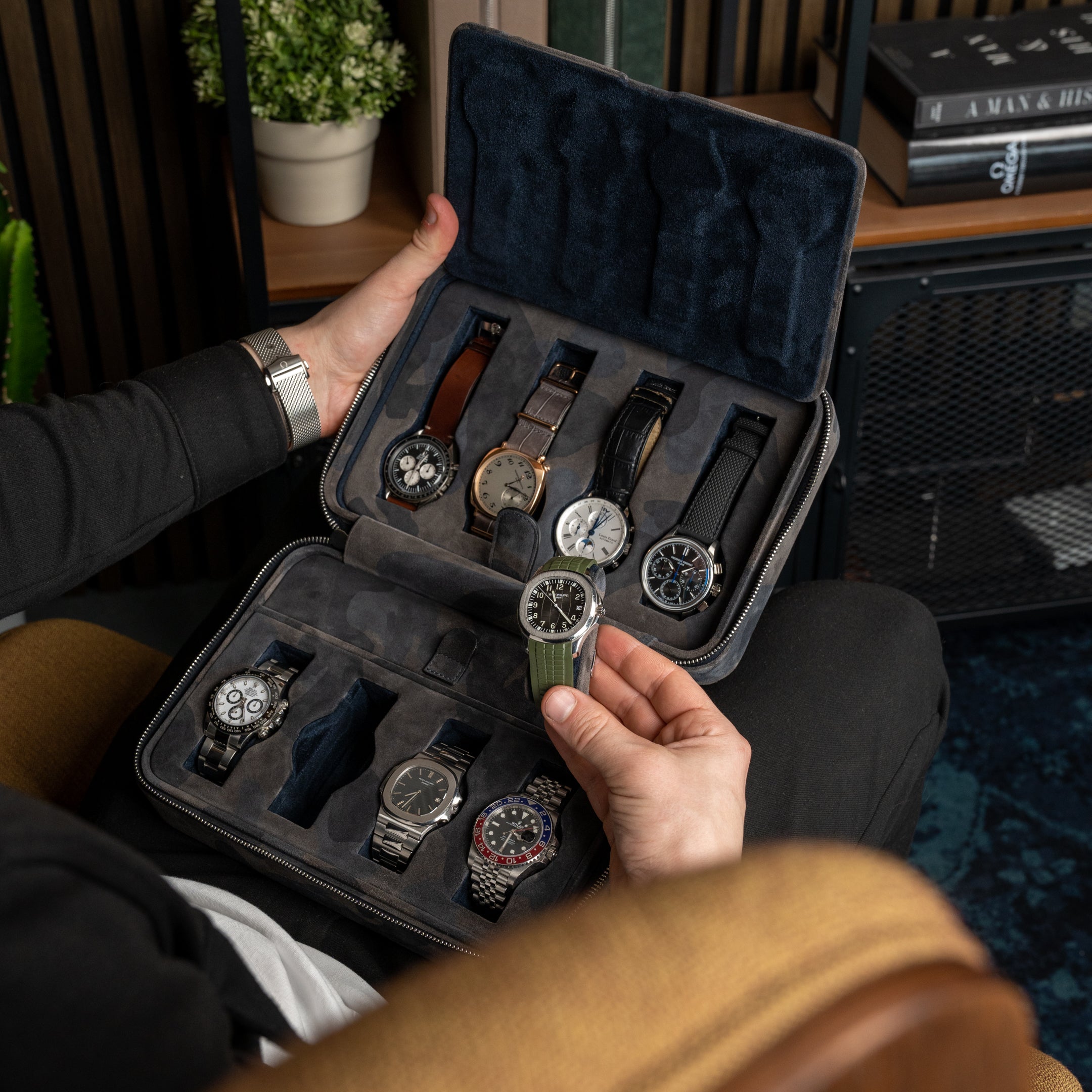 Camo 8 Slot Watch Box DailyWatch, italian suede leather, handmade, travel safe with eight watches