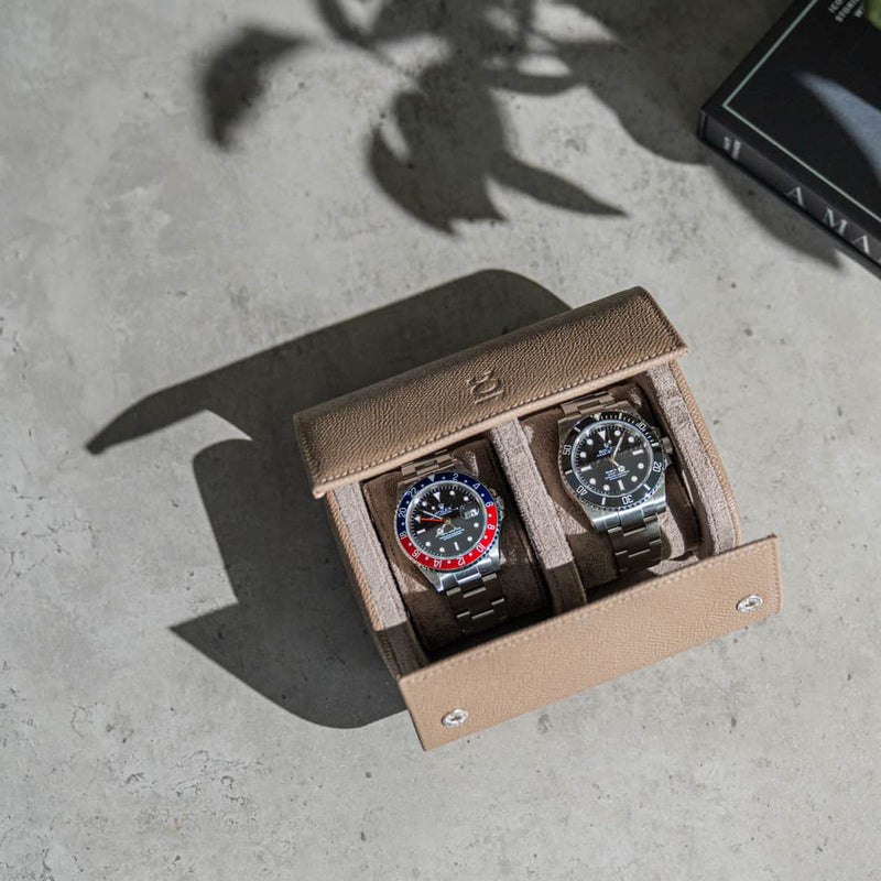 Nevada Desert two slot Watch Roll, Alcantara lined, italian leather, handmade in italy, watch roll, travelroll for watches, travel safely with watches, small watch roll, watch roll interior