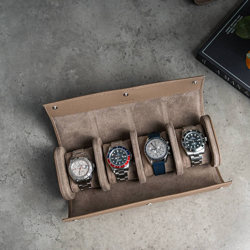 Nevada Desert 4 Slot Watch Roll, Alcantara lined, italian leather, handmade in italy, watch roll, travelroll for watches, travel safely with watches, watch collection storage, watch roll interior