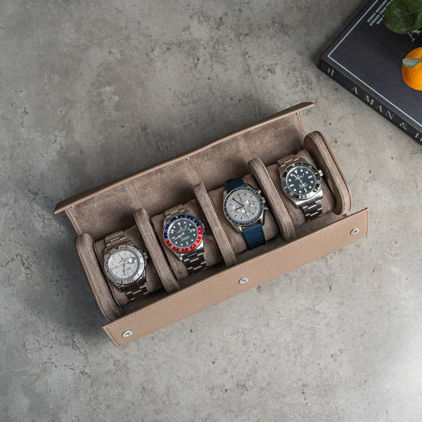 Nevada Desert 4 Slot Watch Roll, Alcantara lined, italian leather, handmade in italy, watch roll, travelroll for watches, travel safely with watches, watch roll interior