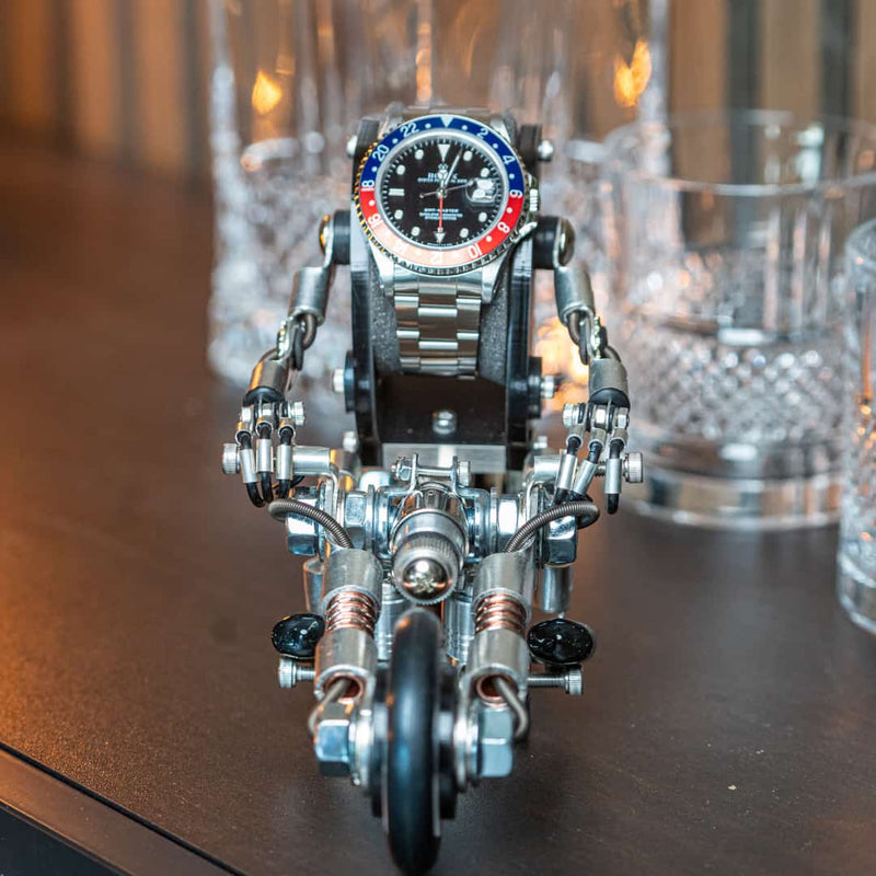 bike watch stand, watch holder, handmade, robotoys, watch display, cool ways to display watches at home