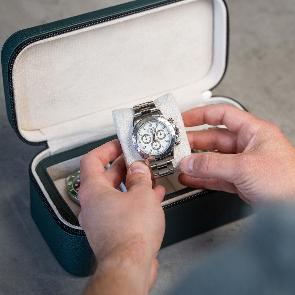 Square Watch Box 3 Slot - Dark Green Litchi