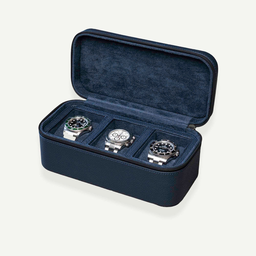Square Watch Box 3 Slot - Navy Blue Litchi