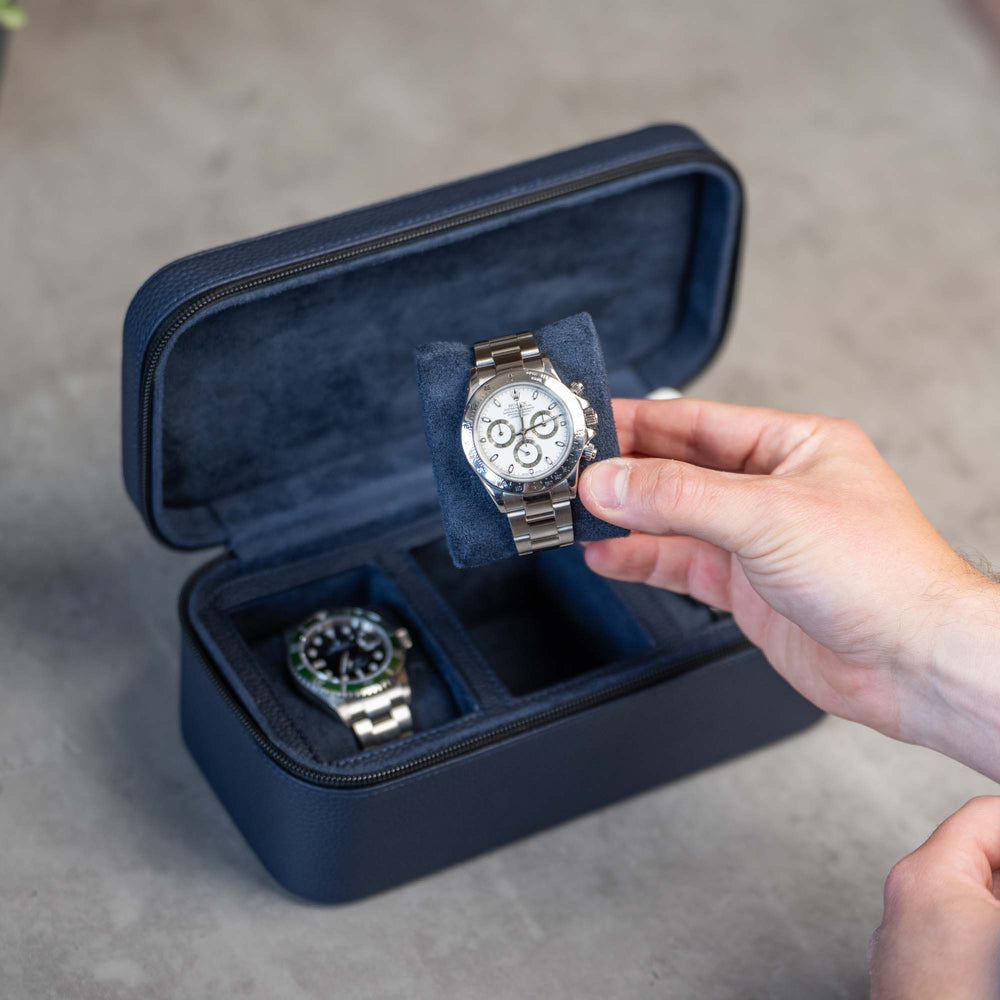 Square Watch Box 3 Slot - Navy Blue Litchi