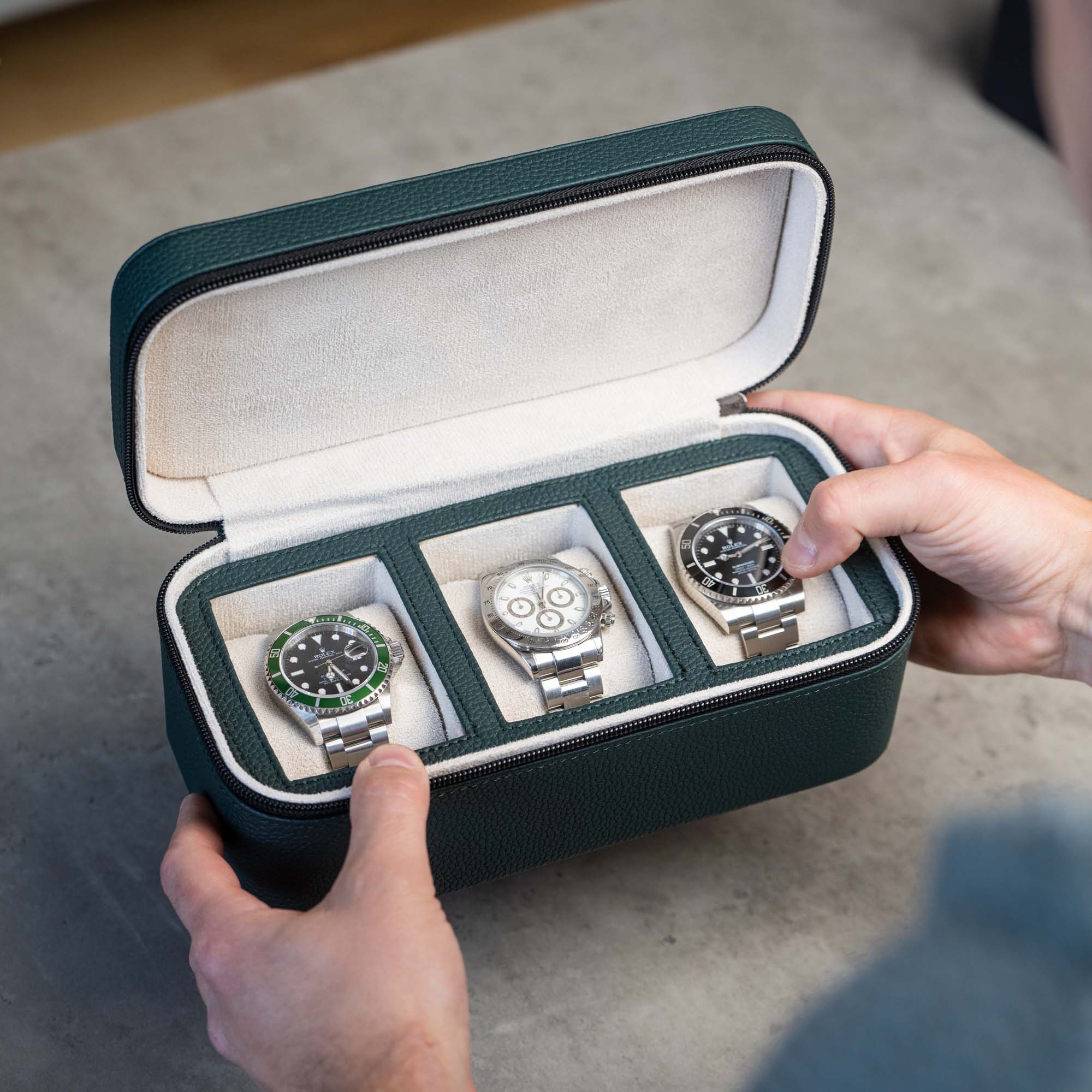 Square Watch Box 3 Slot - Dark Green Litchi
