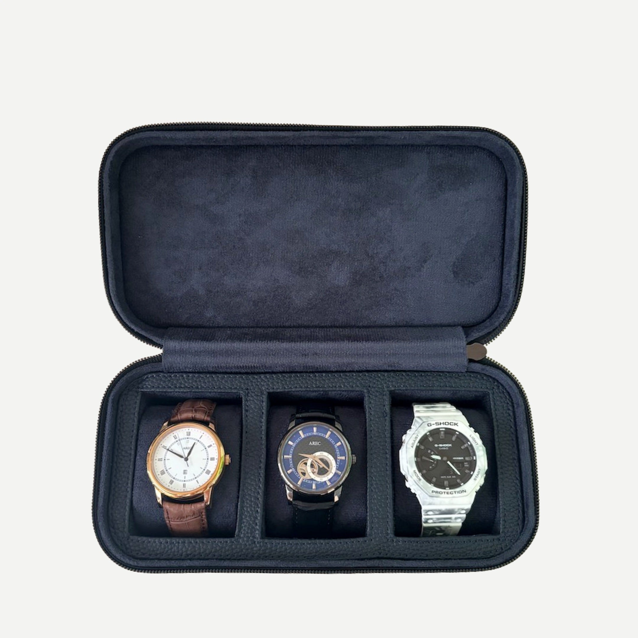 Square Watch Box 3 Slot - Navy Blue Litchi