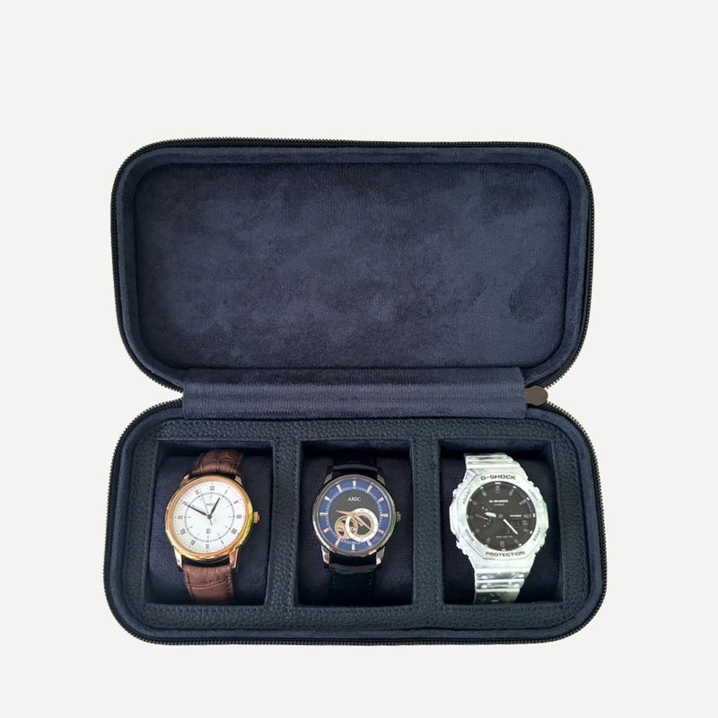 Square Watch Box 3 Slot - Navy Blue Litchi