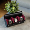 Black Cherry watch roll for 3 watches open