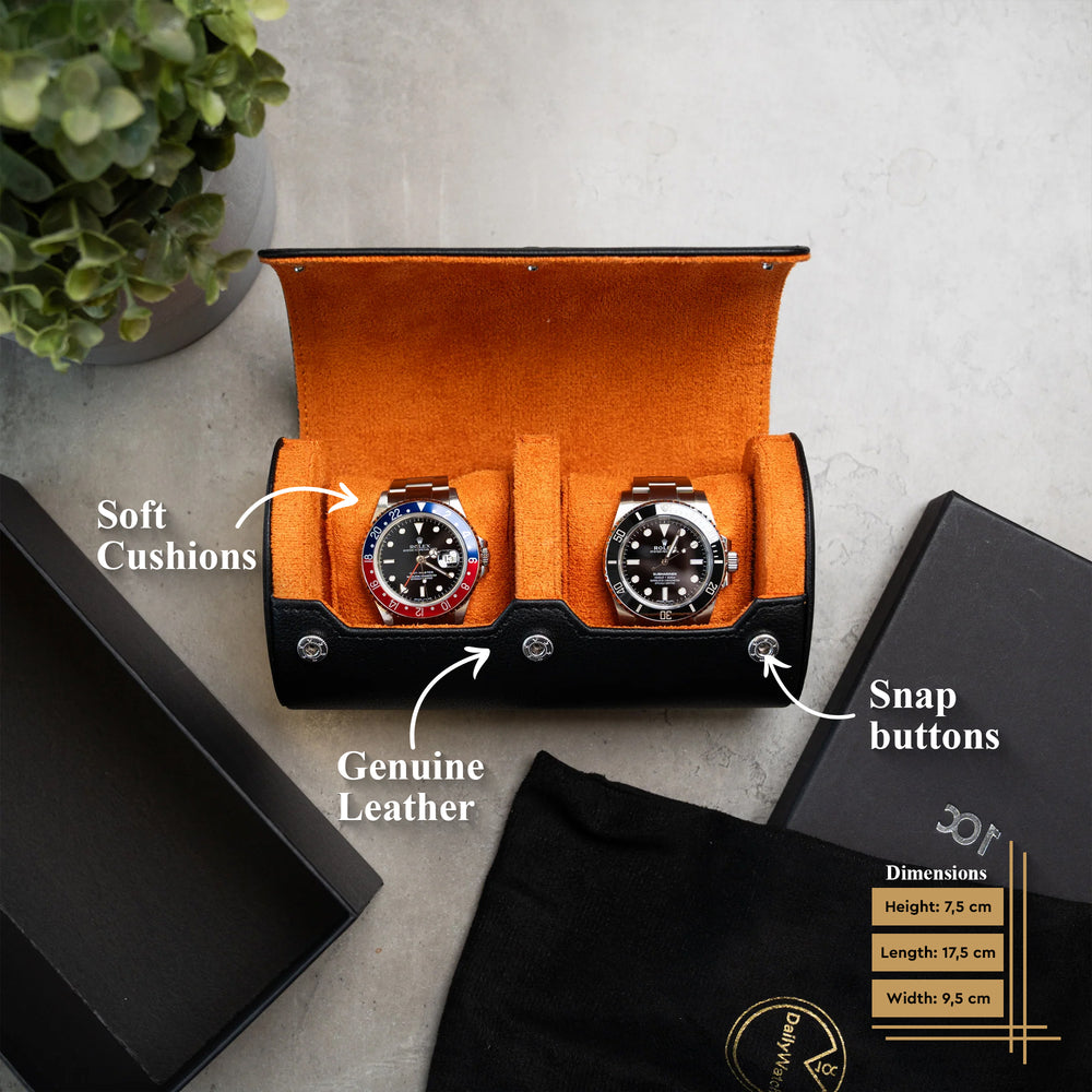 Info about the Black Orange Two Slot Watch Roll 