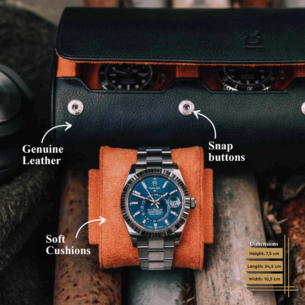 Black Orange Watch Roll for 3 watches