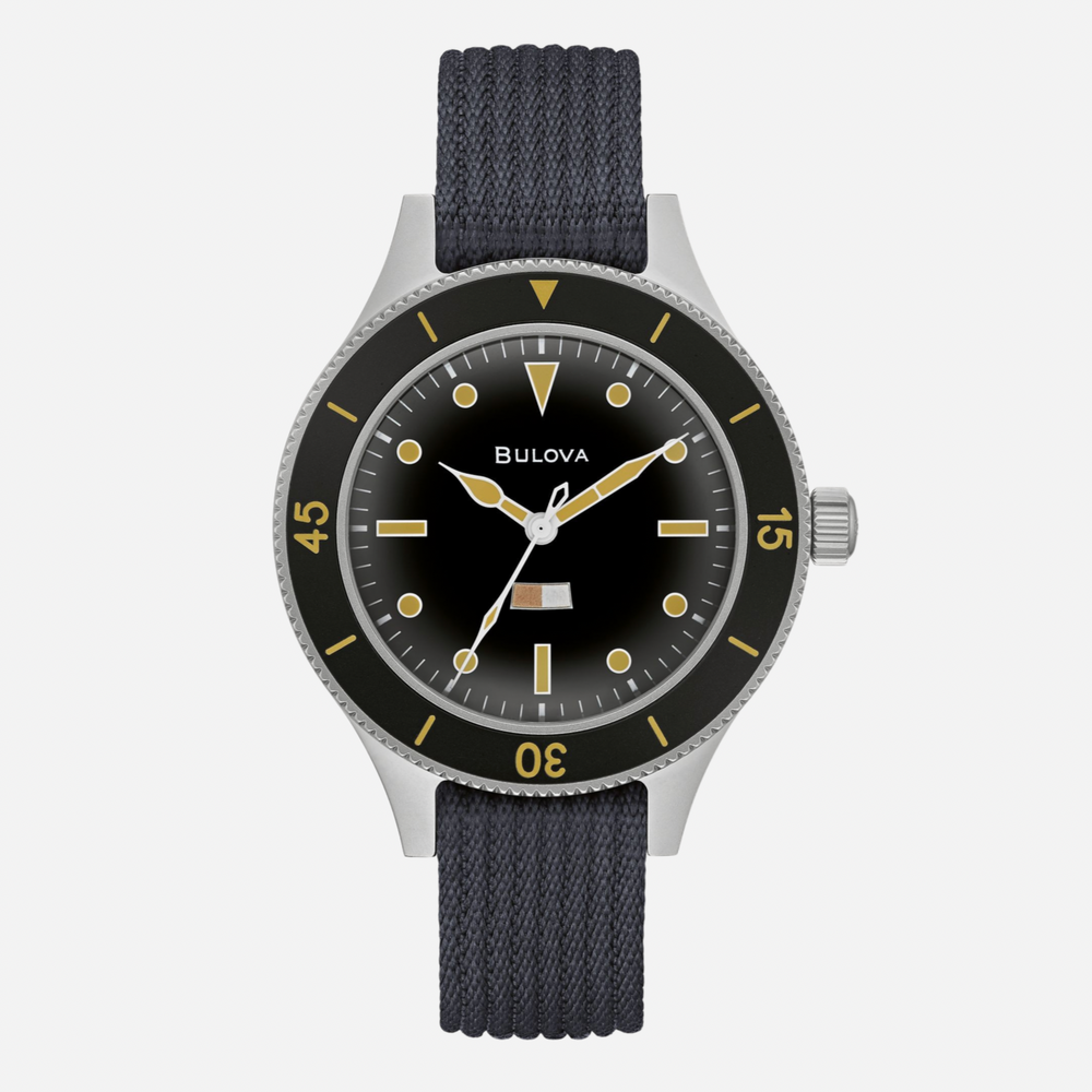 Bulova watch with black face and strap on a white background