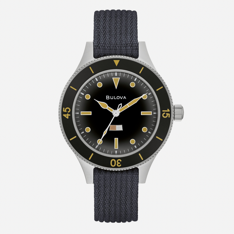 Bulova watch with black face and strap on a white background