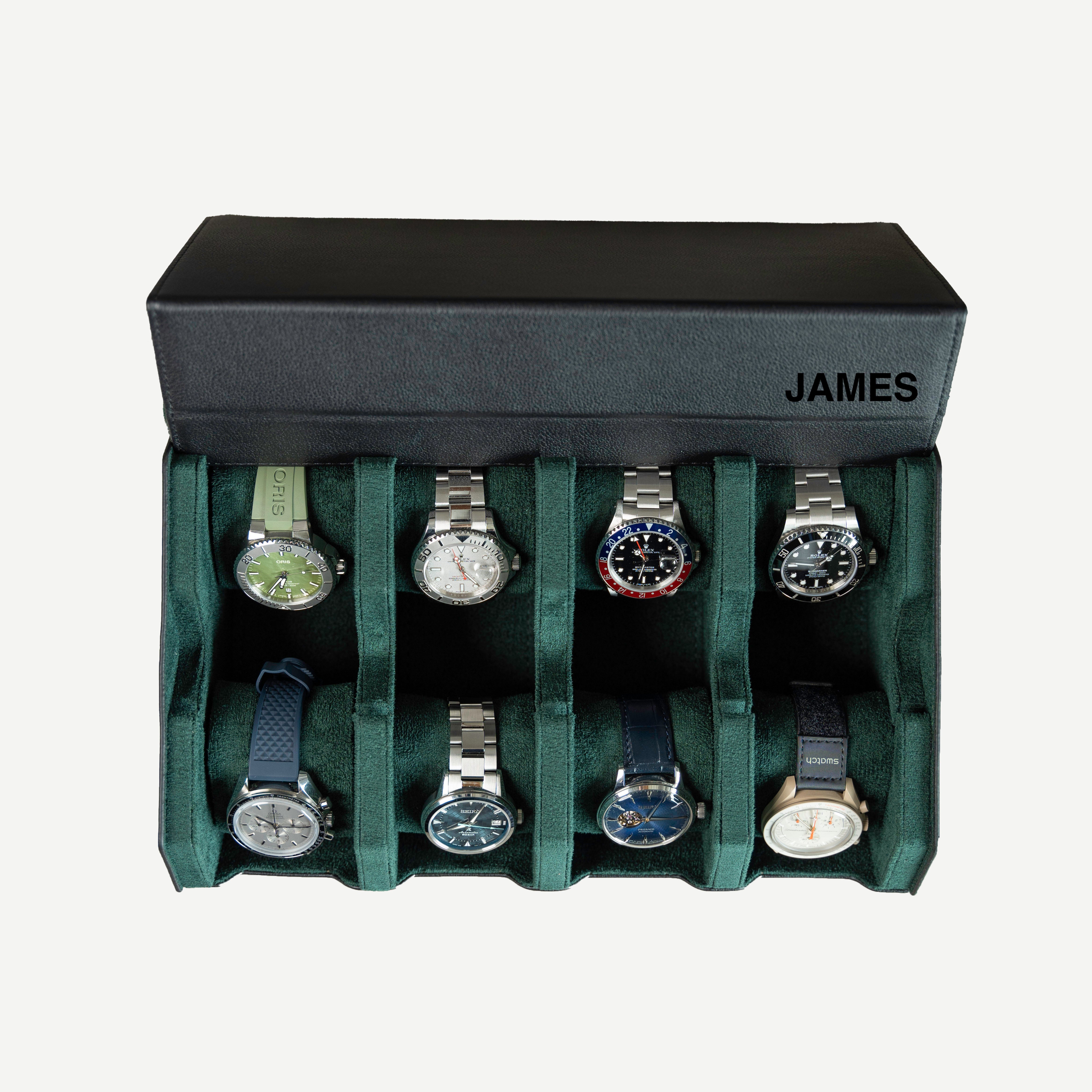 Personalized Hexagon Black Green 8 Slot Watch Box