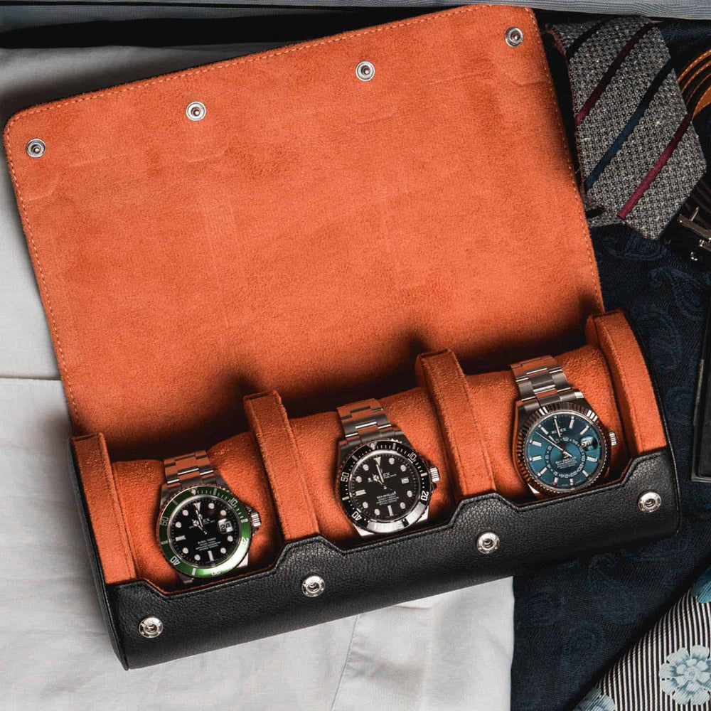 Personalised travel watch roll, black leather with orange interior