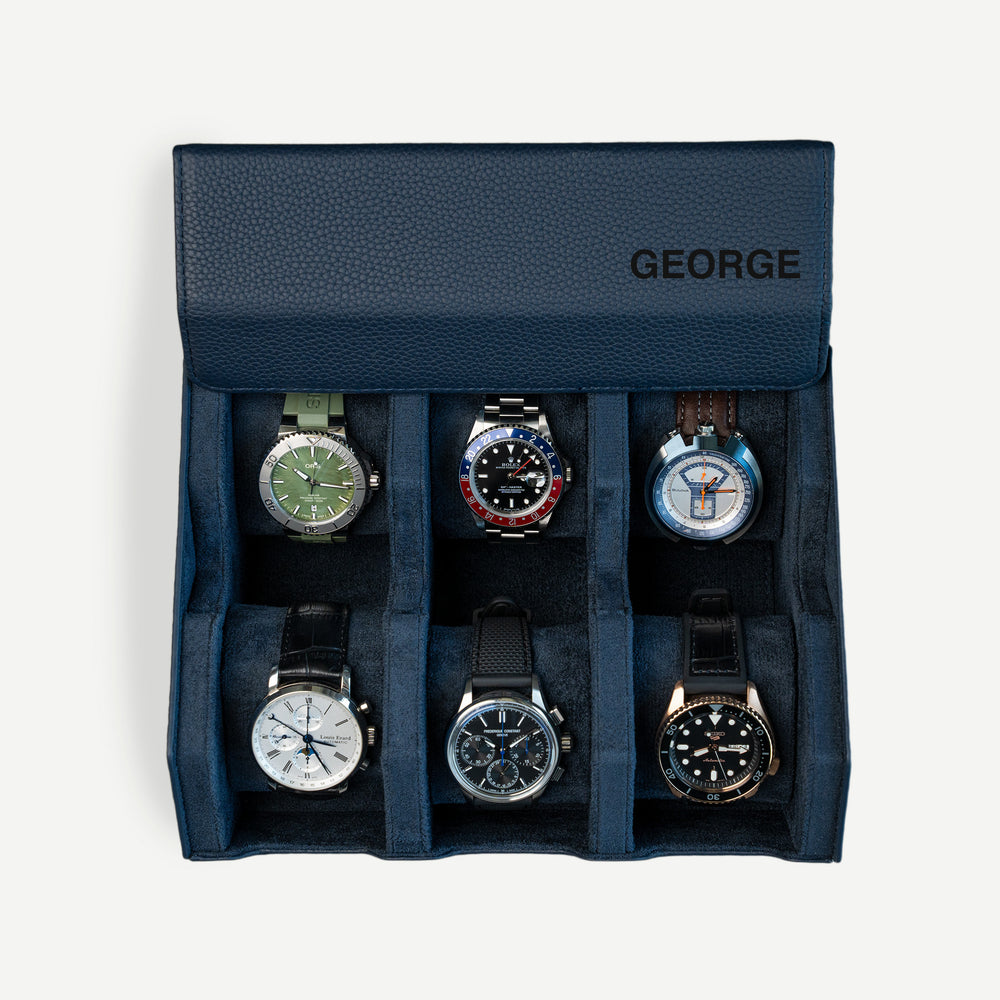 Personalized Hexagon Navy Blue 6 Slot Watch Box