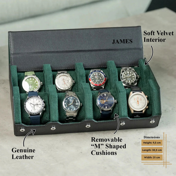 Personalized Hexagon Black Green 8 Slot Watch Box