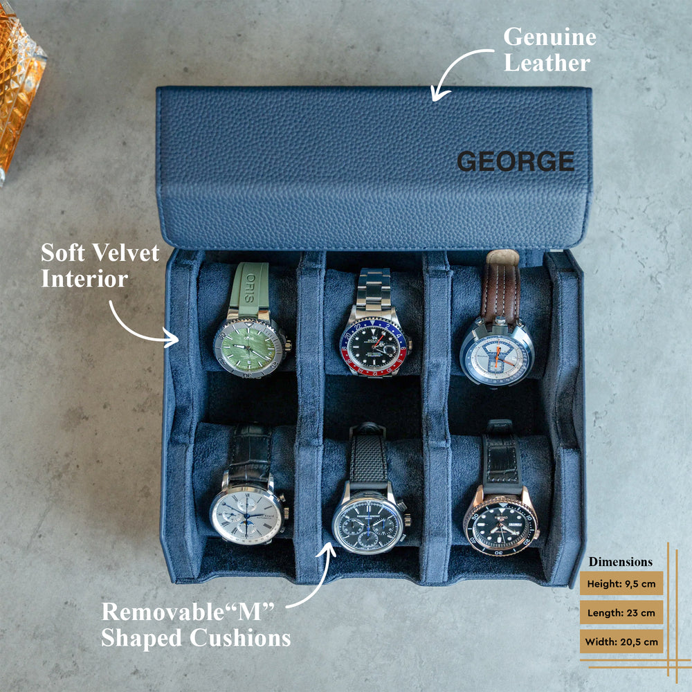 Personalized Hexagon Navy Blue 6 Slot Watch Box