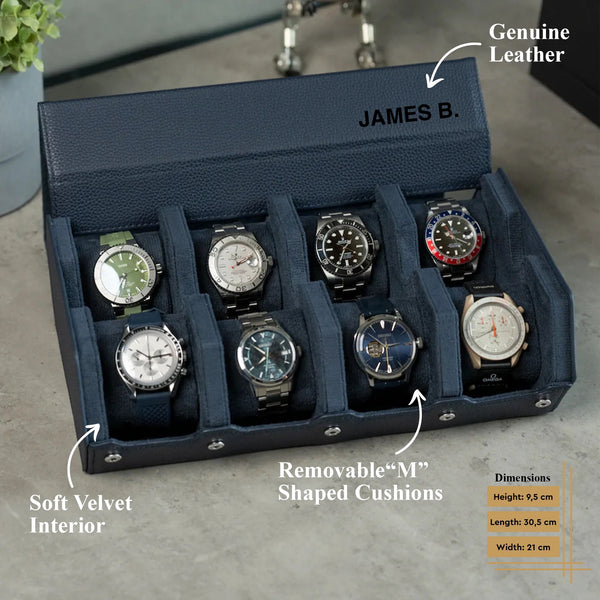 Personalized Hexagon Navy Blue 8 Slot Watch Box